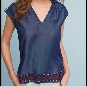 Anthropologie Embroidered Chambray Henley Top